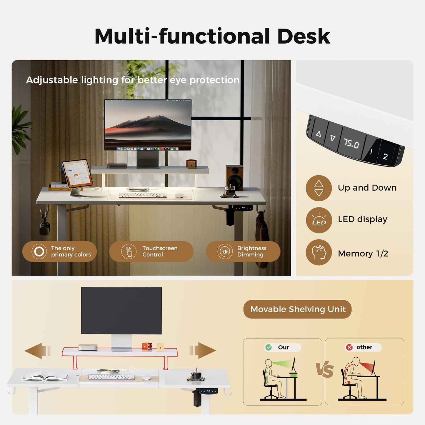 Agilestic Electric Standing Desk, Led & Plug, Movable Monitorstand, 160x60