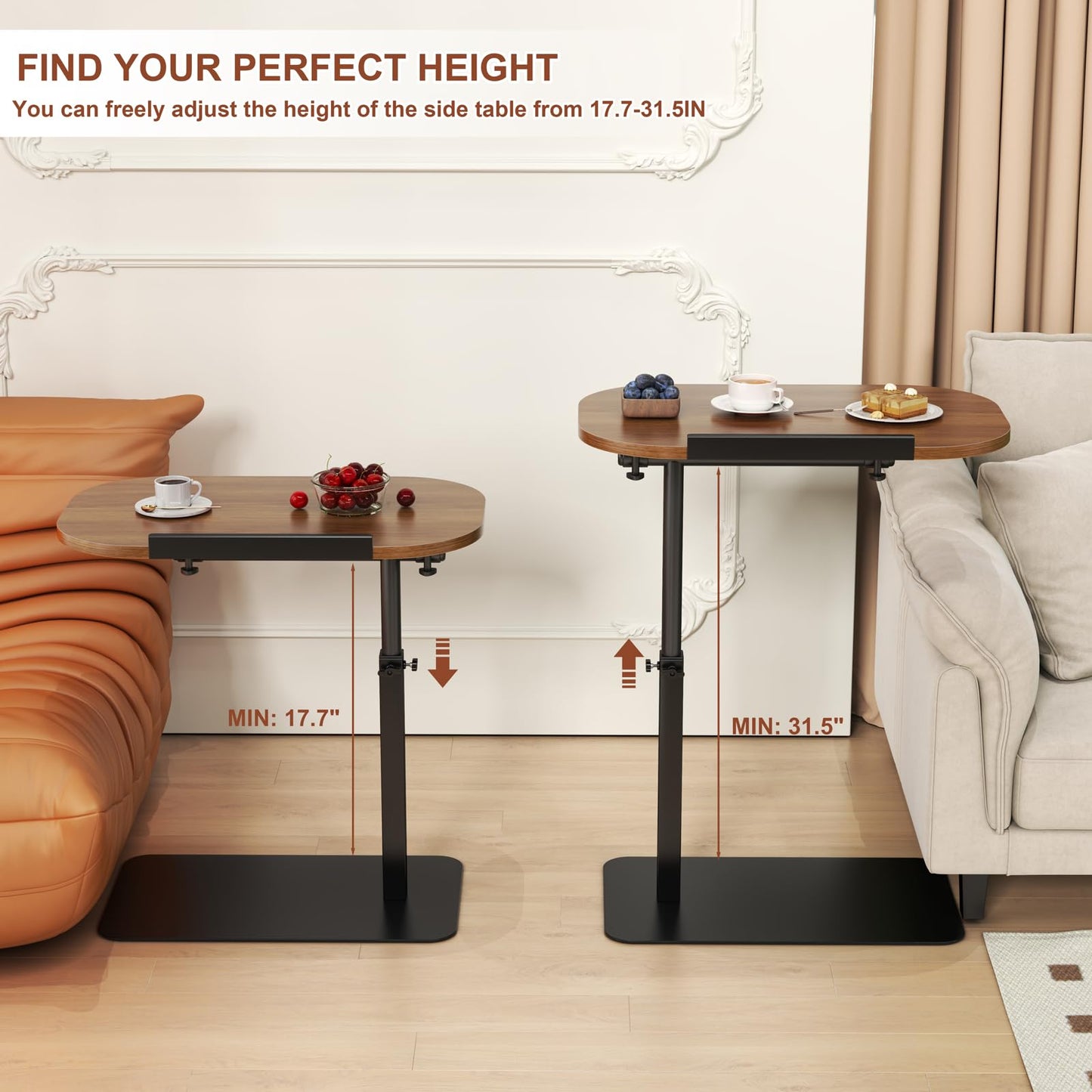 YUTVCZO Solid Wood C Shaped Side Table Adjustable Height,360°Swivel Side Table for Sofa and Bed