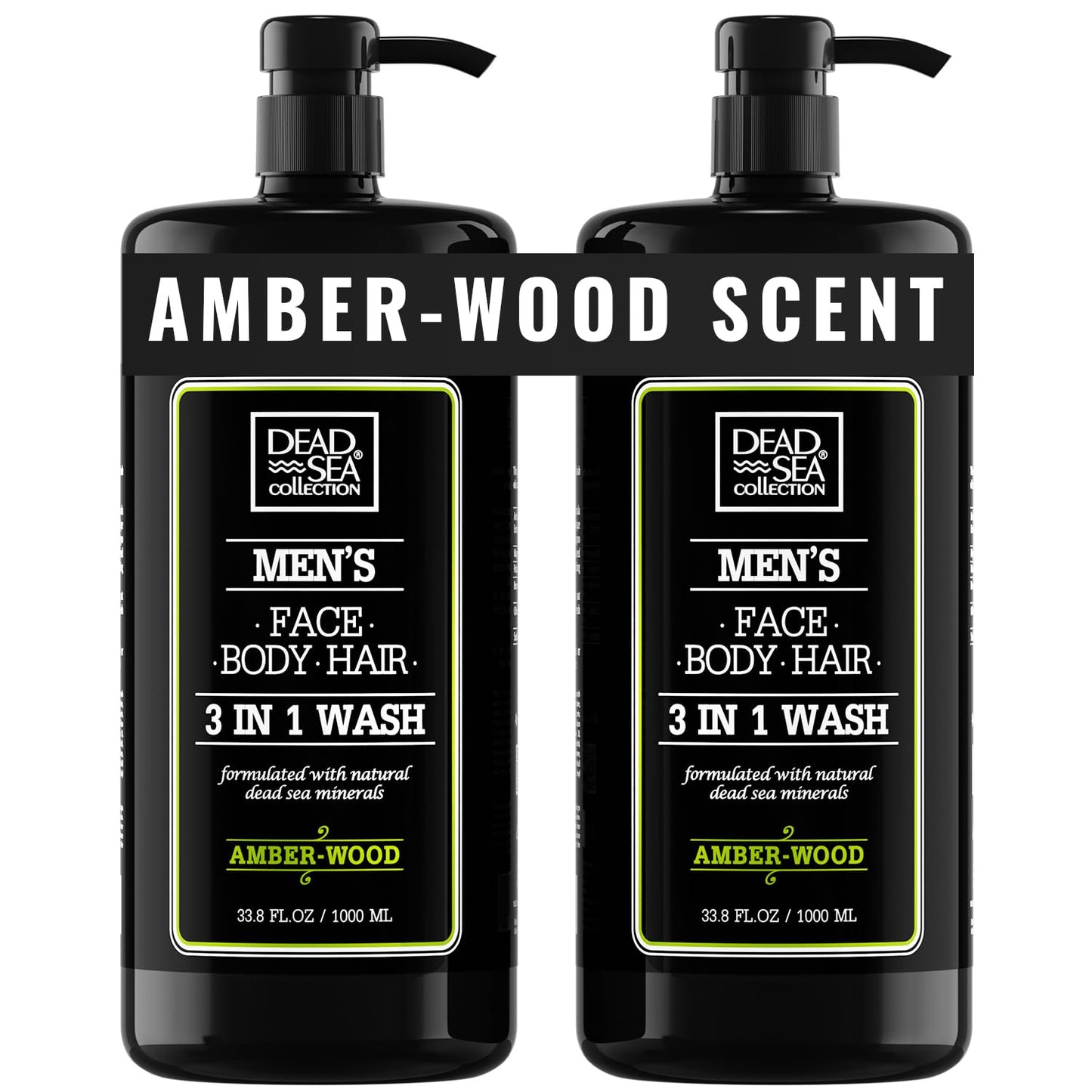 Dead Sea Collection Mens Shower Gel 3 in 1 with Amberwood Oil and Dead Sea Salt - Body Wash, Shampoo for Men, Face Wash - Pack of 2 (1000 ml. each)