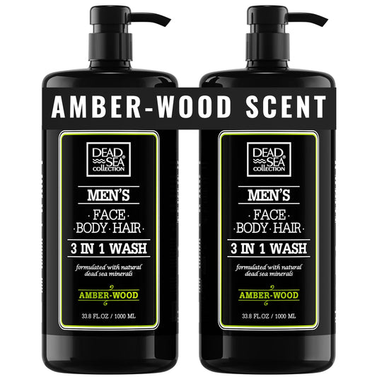 Dead Sea Collection Mens Shower Gel 3 in 1 with Amberwood Oil and Dead Sea Salt - Body Wash, Shampoo for Men, Face Wash - Pack of 2 (1000 ml. each)