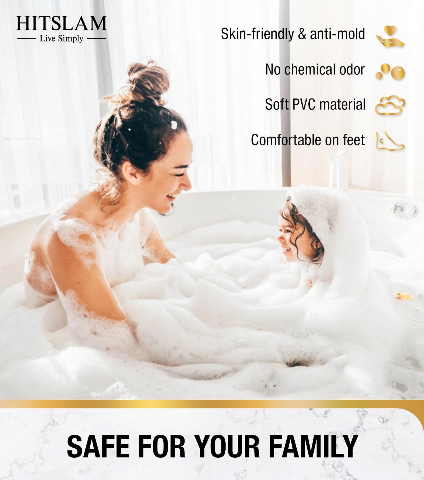 HITSLAM Non Slip Bath Mat for Tub, 101 x 40cm Extra Long Shower Mat Anti Mould, Machine Washable Bathroom Bathtub Mat with Suction Cups and Drain