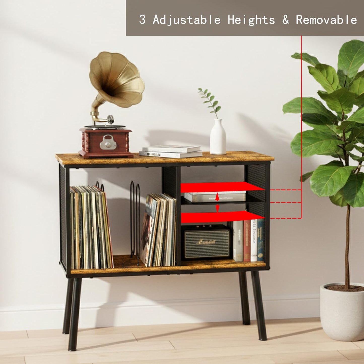 Kryntex Record Player Stand with Adjustable Divider, Vinyl Storage Cabinet Holds up to 200 Records, Mid-Century Turntable Stand with Metal Frame