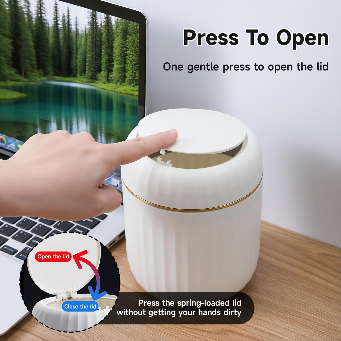 Mini Desk Bin with Press-Top Lid - Small Trash Can for Home Office Car Bathroom Living Room, White, 100 Garbage Bags Included