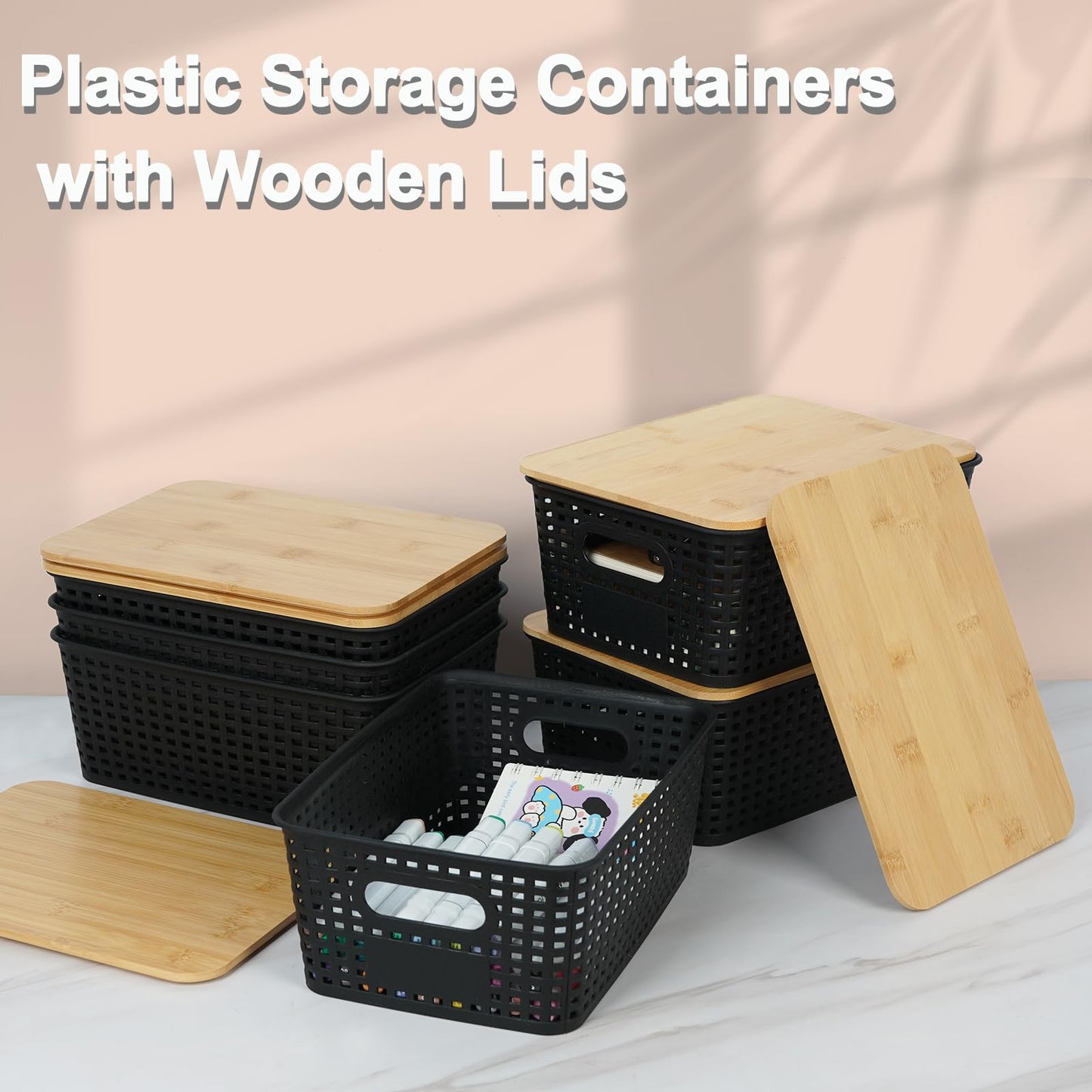 6Pcs Storage Plastic Baskets with Bamboo lids, Lidded Storage Bins - Black