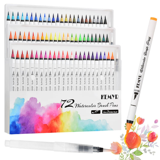 KEMYR Watercolor Brush Pens,72 Colors Brush Tip Pens for Watercolor Painting, 3 Aquapen Blending Brush,Watercolor Markers for Artists and Beginner