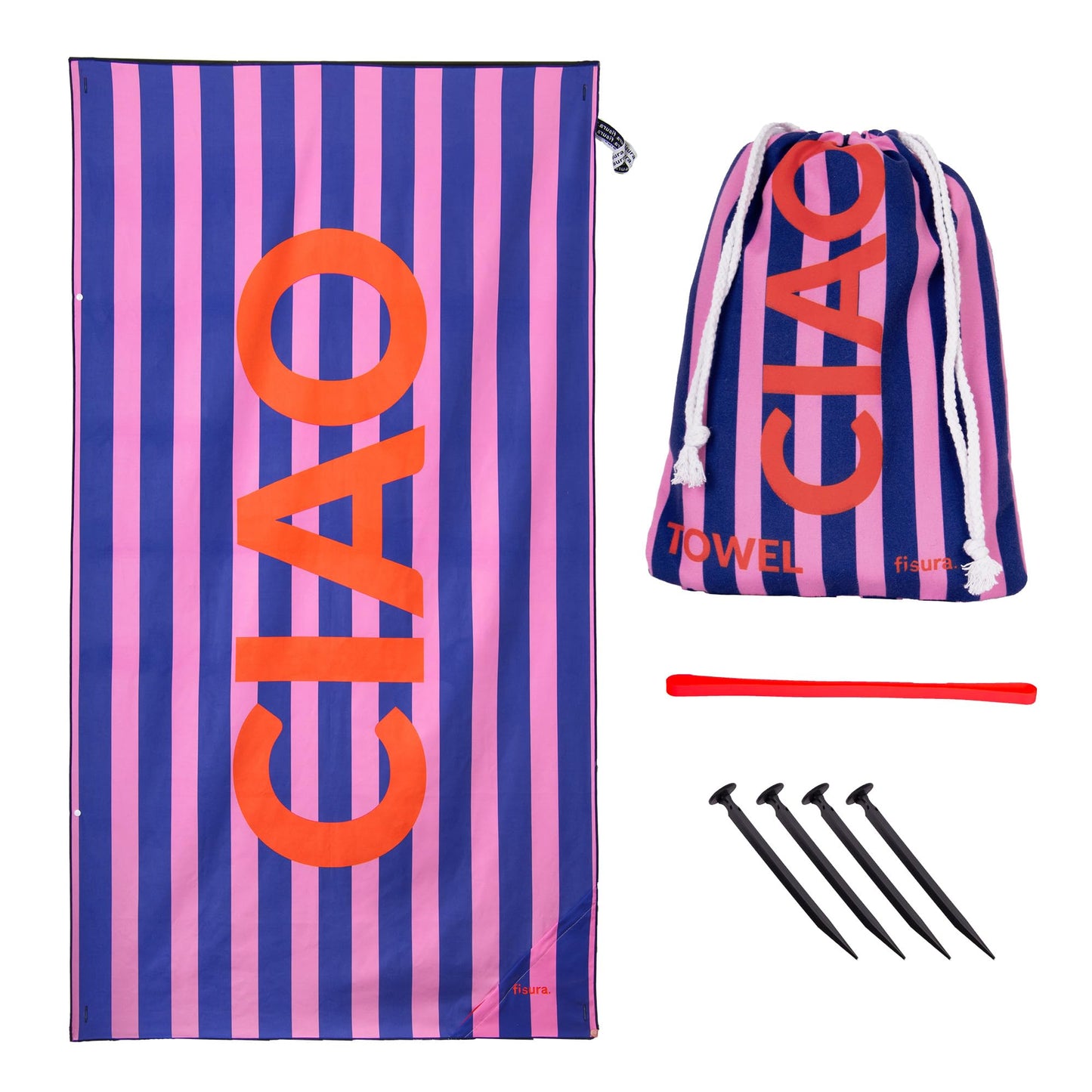 Fisura - Large Microfibre Beach Towel Blue & Pink Striped “Ciao” – Quick Dry, Sand Free & Lightweight – Travel, Pool, Camping & Picnic