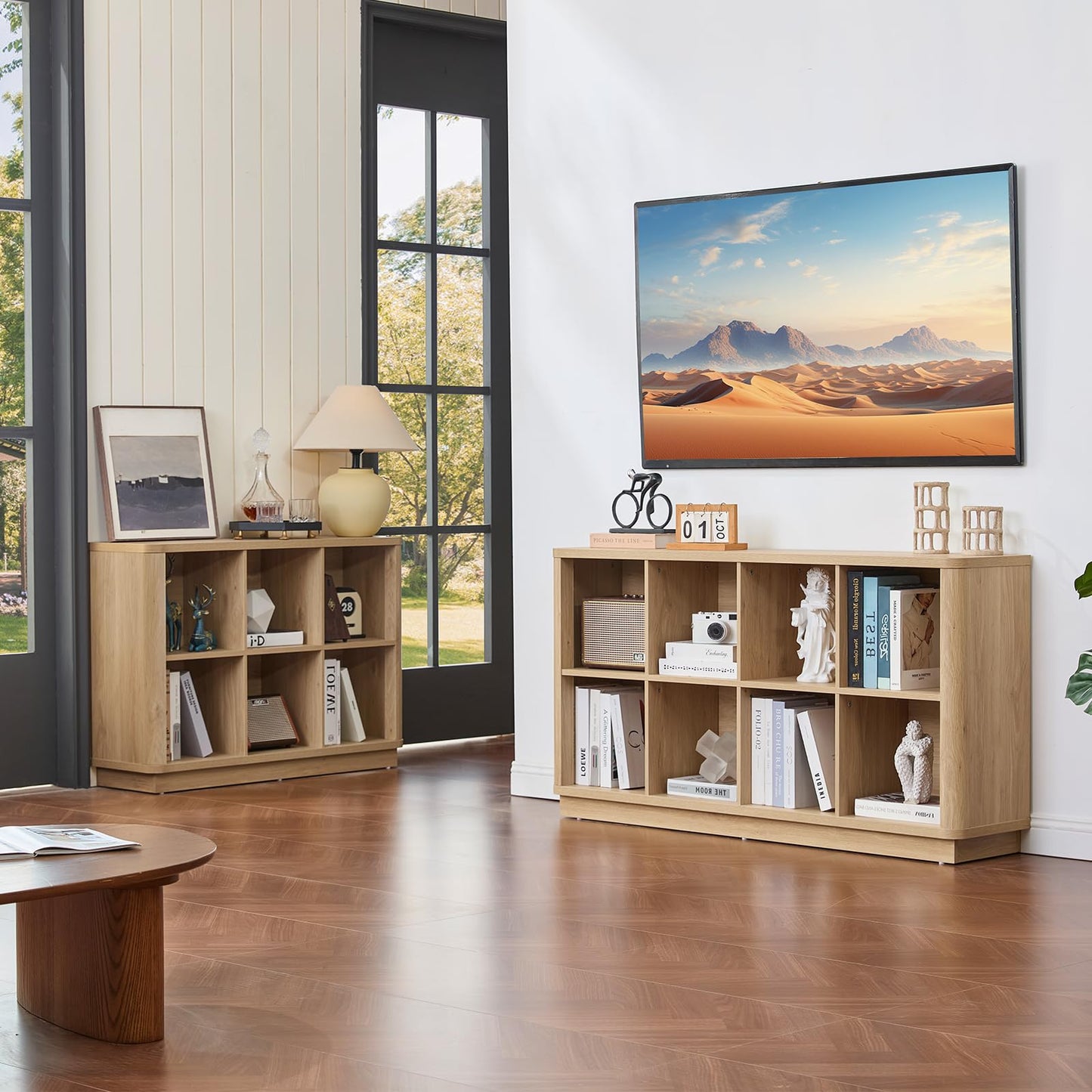 LELELINKY 8 Cube Storage Bookcase, 53" Wide Wooden Book Shelf with Thickened Base, Freestanding 2-Tier Open Book Case Unit with Curved Edge