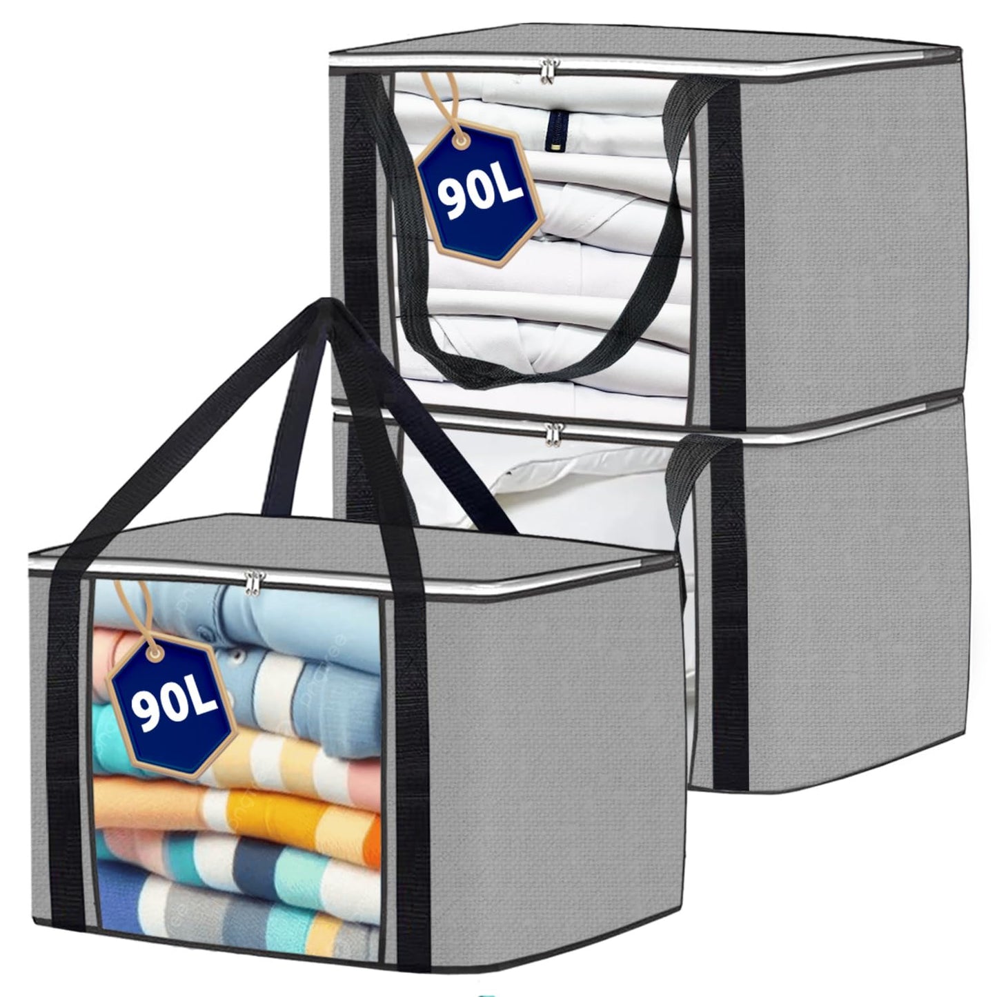 Joybees Clothes Storage Bags with Lids, 3-Pack, 90L Large Foldable Boxes with Zipper & Clear Window, Thick Scratch-Resistant Material