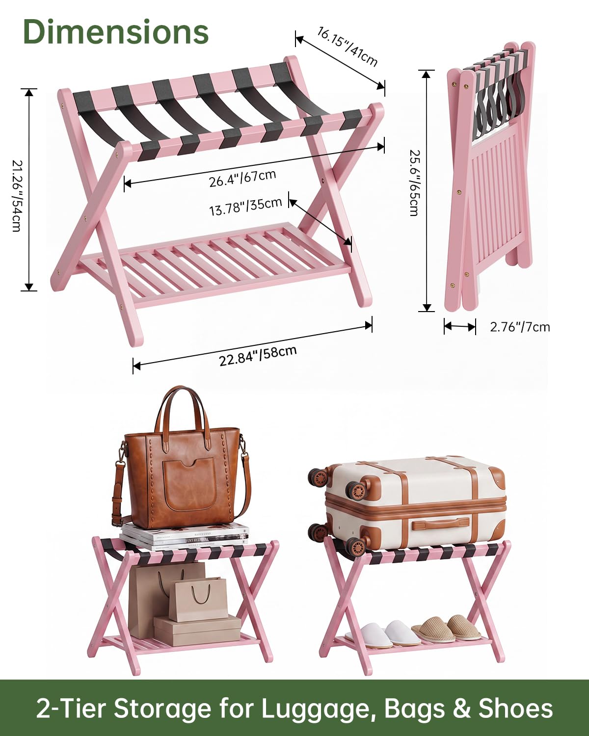 SMIBUY Luggage Rack, Set of 2, Foldable Bamboo Suitcase Stand with Storage Shelf for Guest Room, Bedroom, Hotel, Heavy-Duty (Pink)