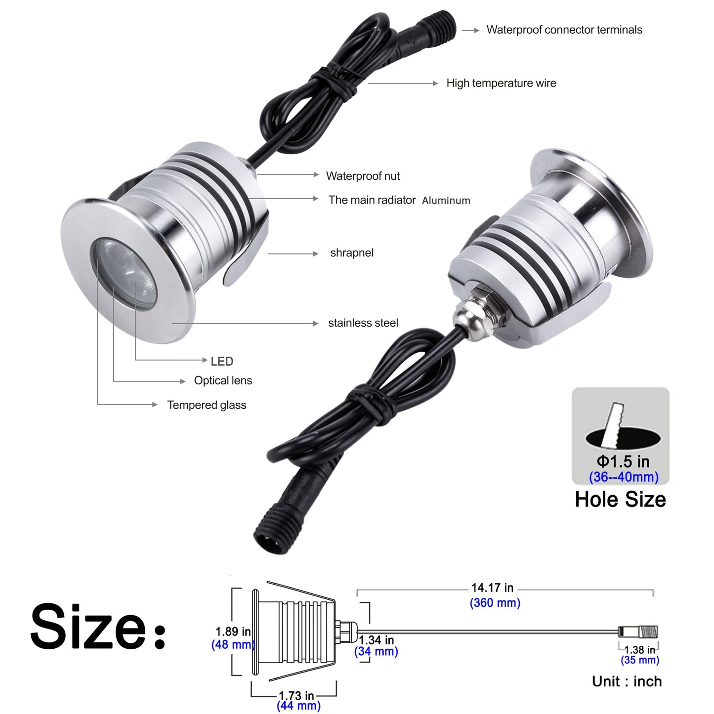 CNBRIGHTER LED Underwater Pool Lights, 3W,12V-24V DC, IP68 Waterproof,Stainless Steel Aluminum,for In-Ground Swimming Pools Steps Ponds Fountains
