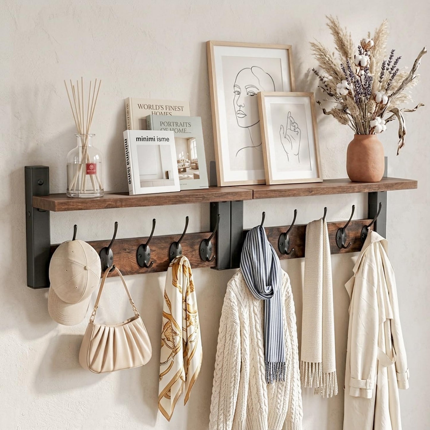 DongRong Coat Rack with Shelf 87cm, 10 Coat Hooks, Metal & Wood, Set of 2