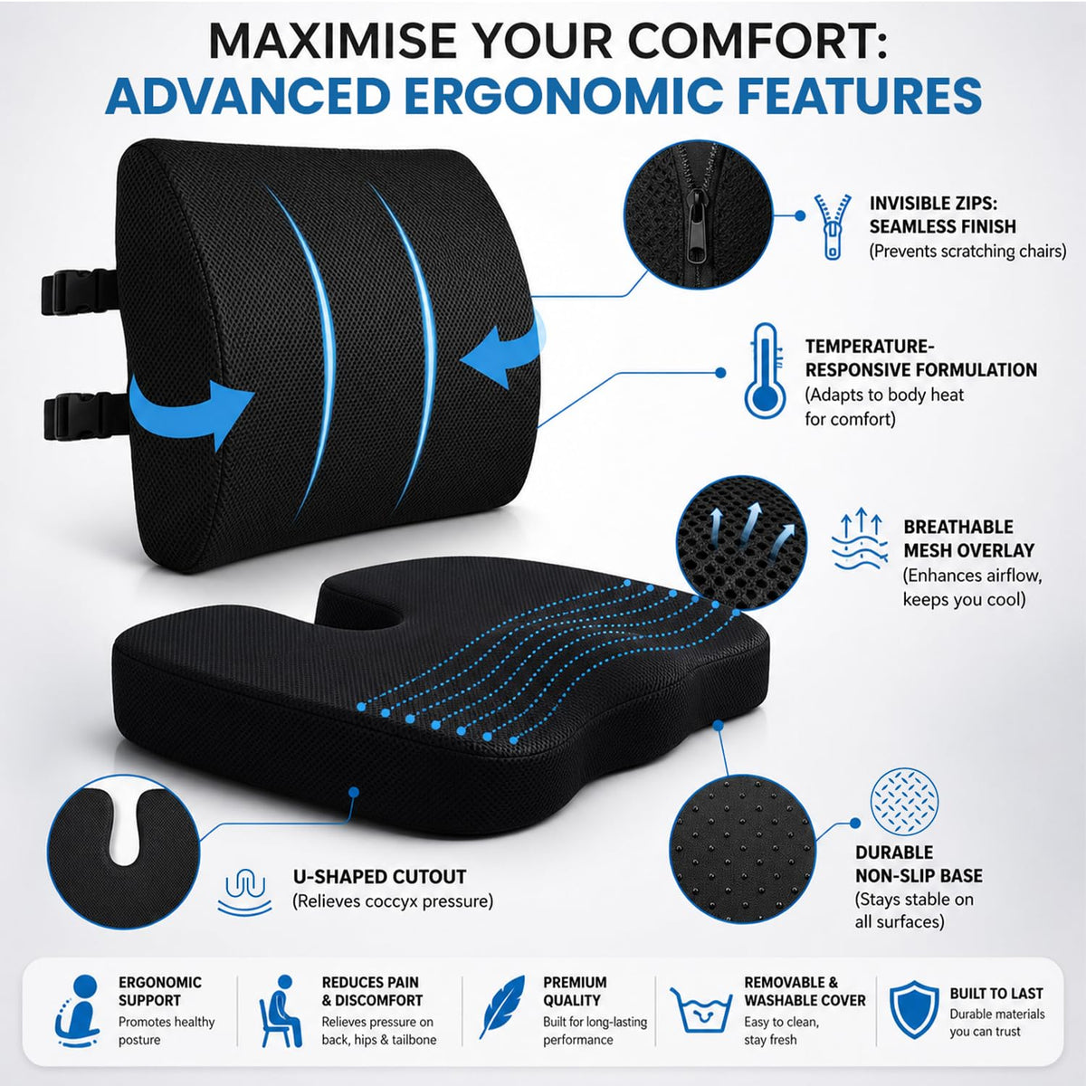 ELIXIR HIVE 2-Piece Orthopaedic Memory Foam Cushion Set – Coccyx & Sciatica Support Black