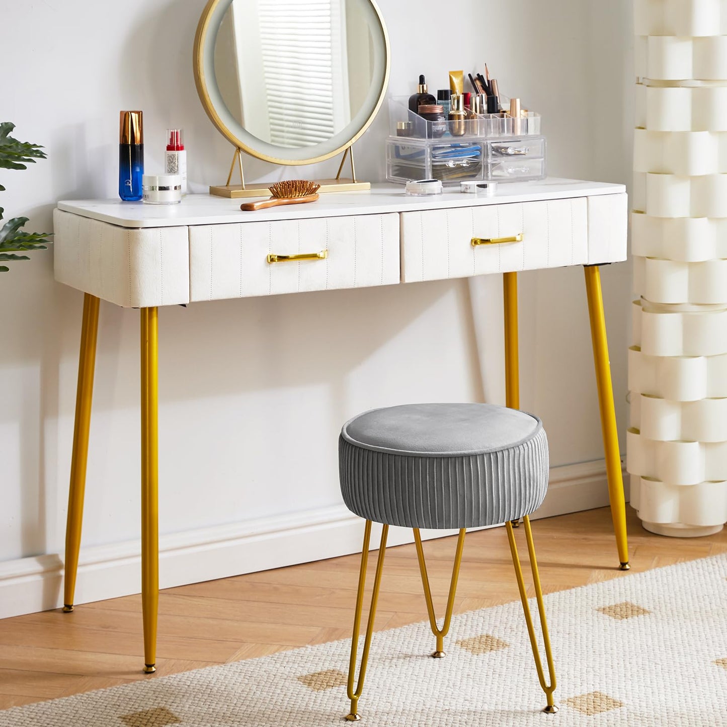 IBUYKE Velvet Vanity Stool Ottoman, Round Footrest Chair, Gray L/G-30G