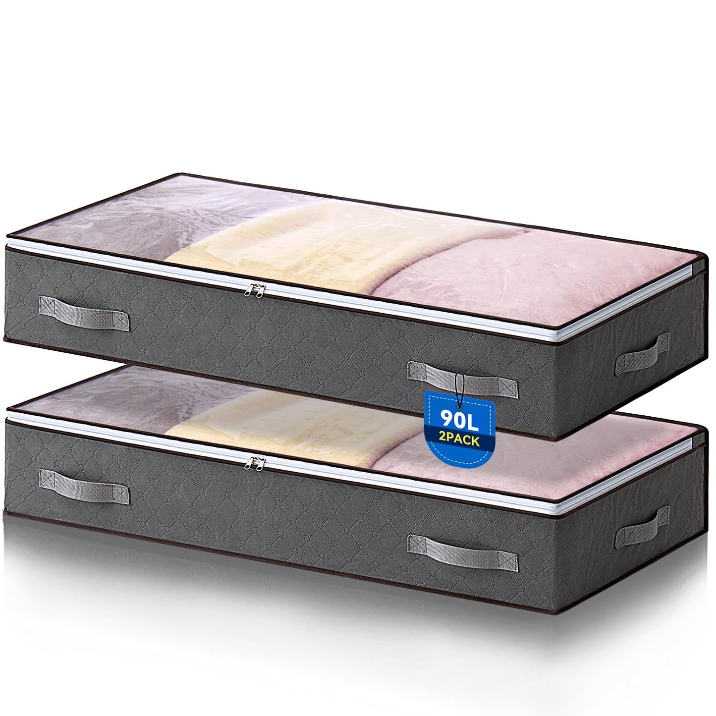 Boic 2 Pack 90L Underbed Storage Bags, Under Bed Storage Box With Lid, Clothes Storage Bag Foldable