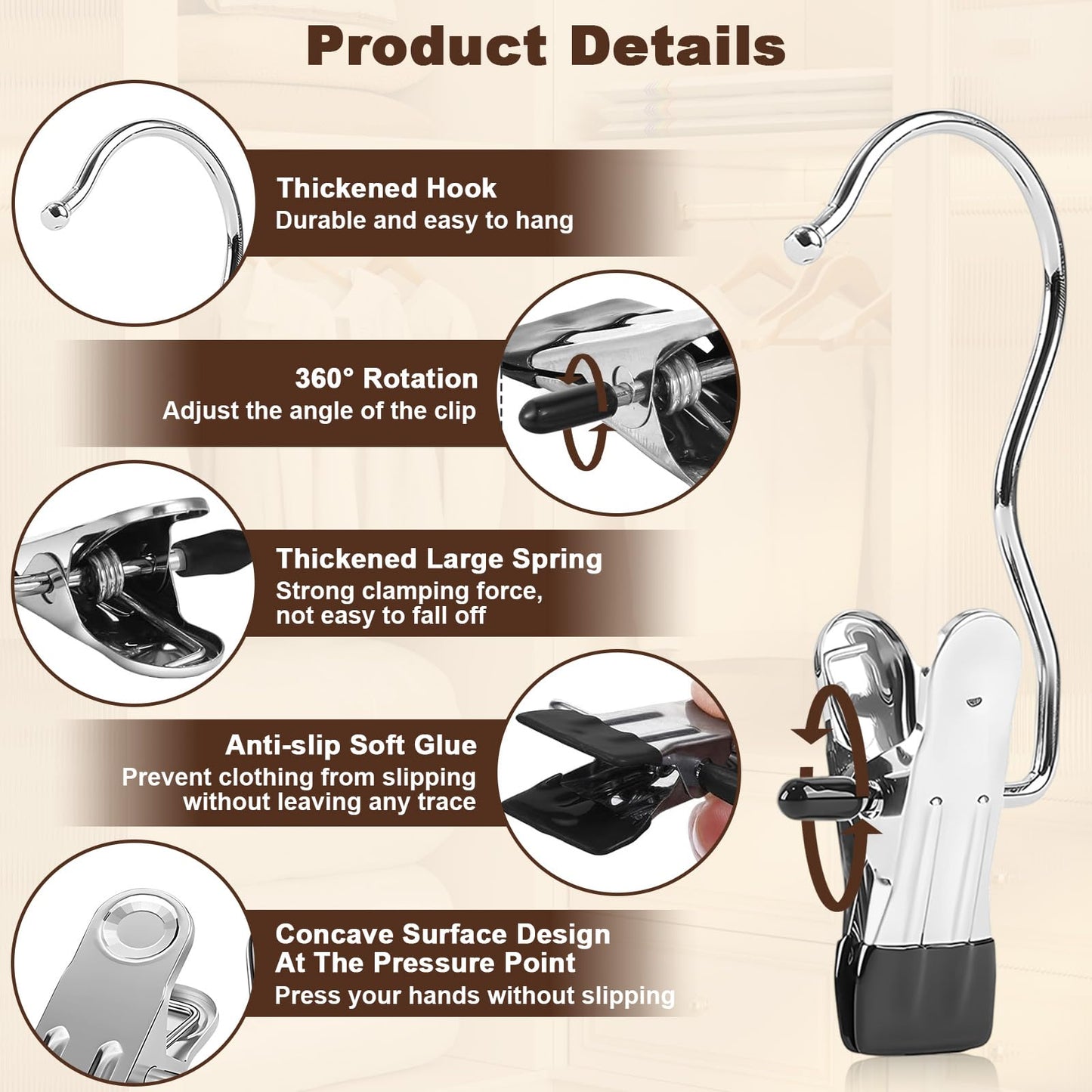20 Trouser Hangers Clip with Non-Slip Rubber Coated, Stainless Steel Space Saving Closet Hanging Organizer Laundry Hook
