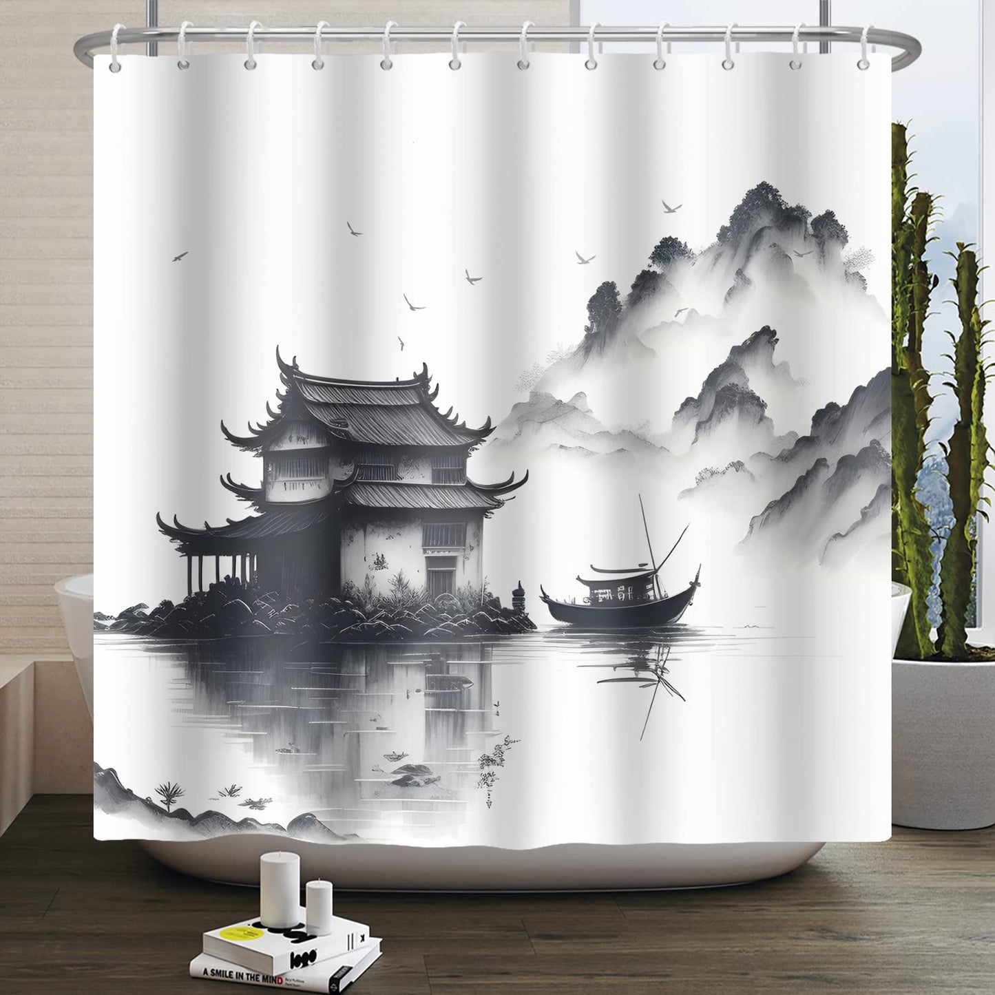 SDOTPMT 105x160cm Lake Mountain Shower Curtain Smokey Mountain Boat Wild Nature Bathtub Countryside Scenery Photo Artwork Bath Curtain for Bathroom
