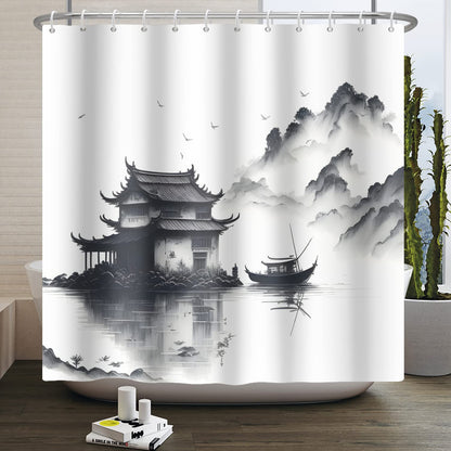 SDOTPMT 105x160cm Lake Mountain Shower Curtain Smokey Mountain Boat Wild Nature Bathtub Countryside Scenery Photo Artwork Bath Curtain for Bathroom