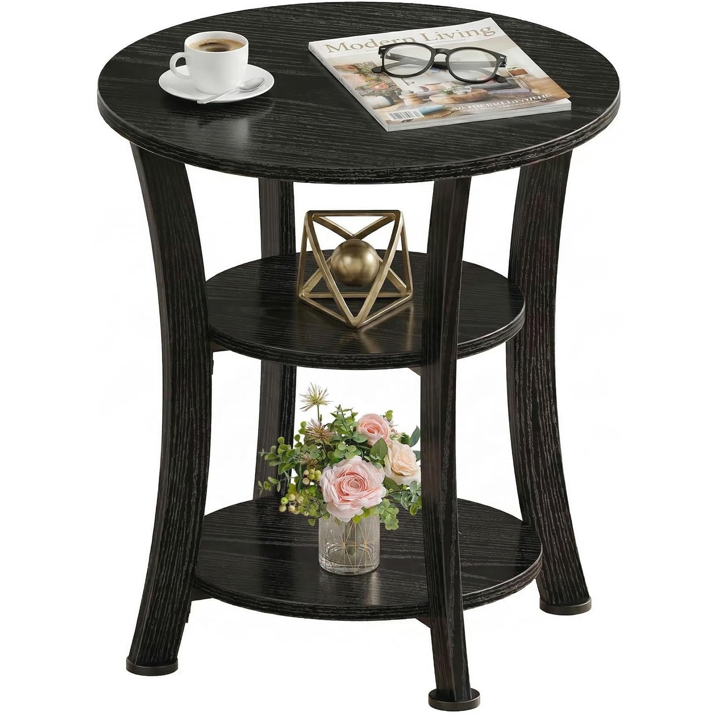 Yuede Round End Table, 3 Tier Side Table with Storage, 50 CM Farmhouse Wood Side Table