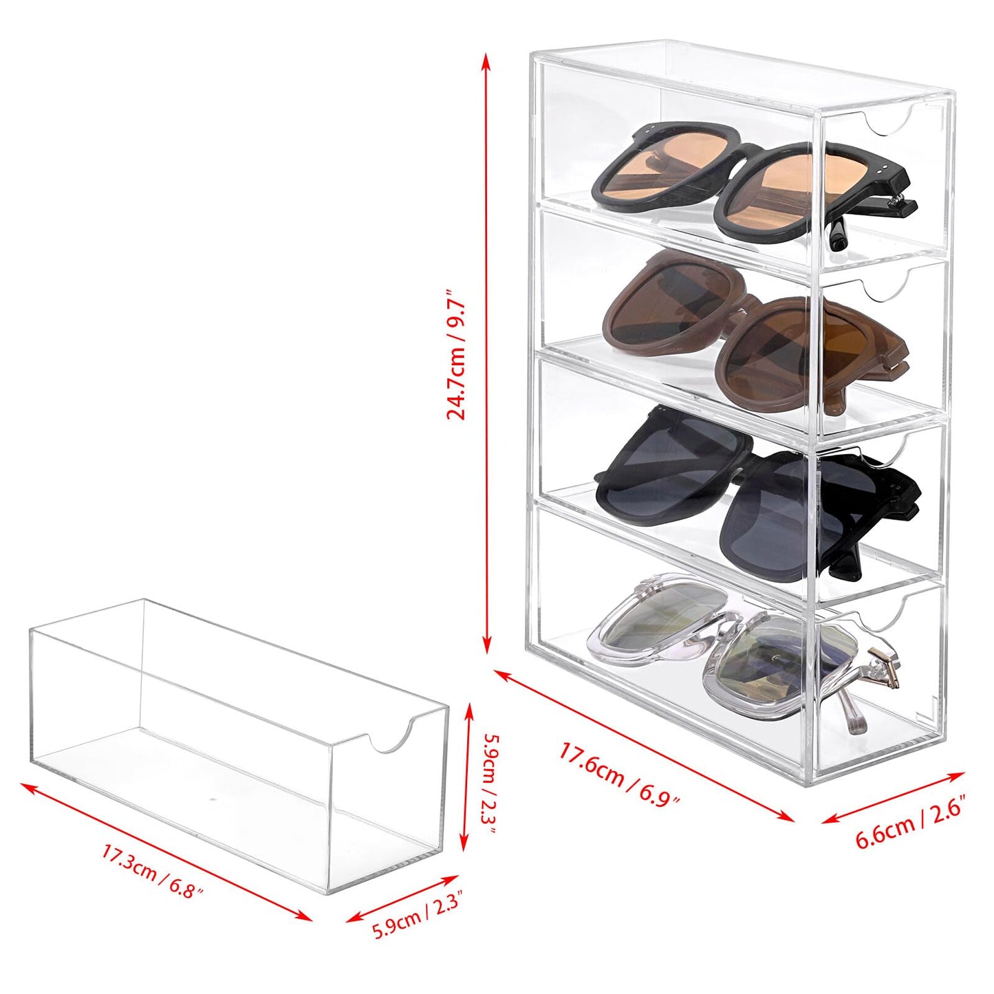 TOLIDA Clear Acrylic Sunglasses Organiser, 4 Slots Display Storage Drawer