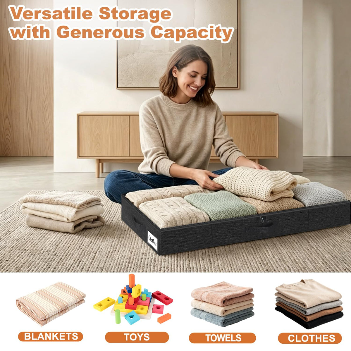 12 cm Tall 40L Under Bed & Sofa Storage Boxes with Zipped Lids, Slim Low Profile Under Bed Storage Boxes w/Sturdy Sides, Base