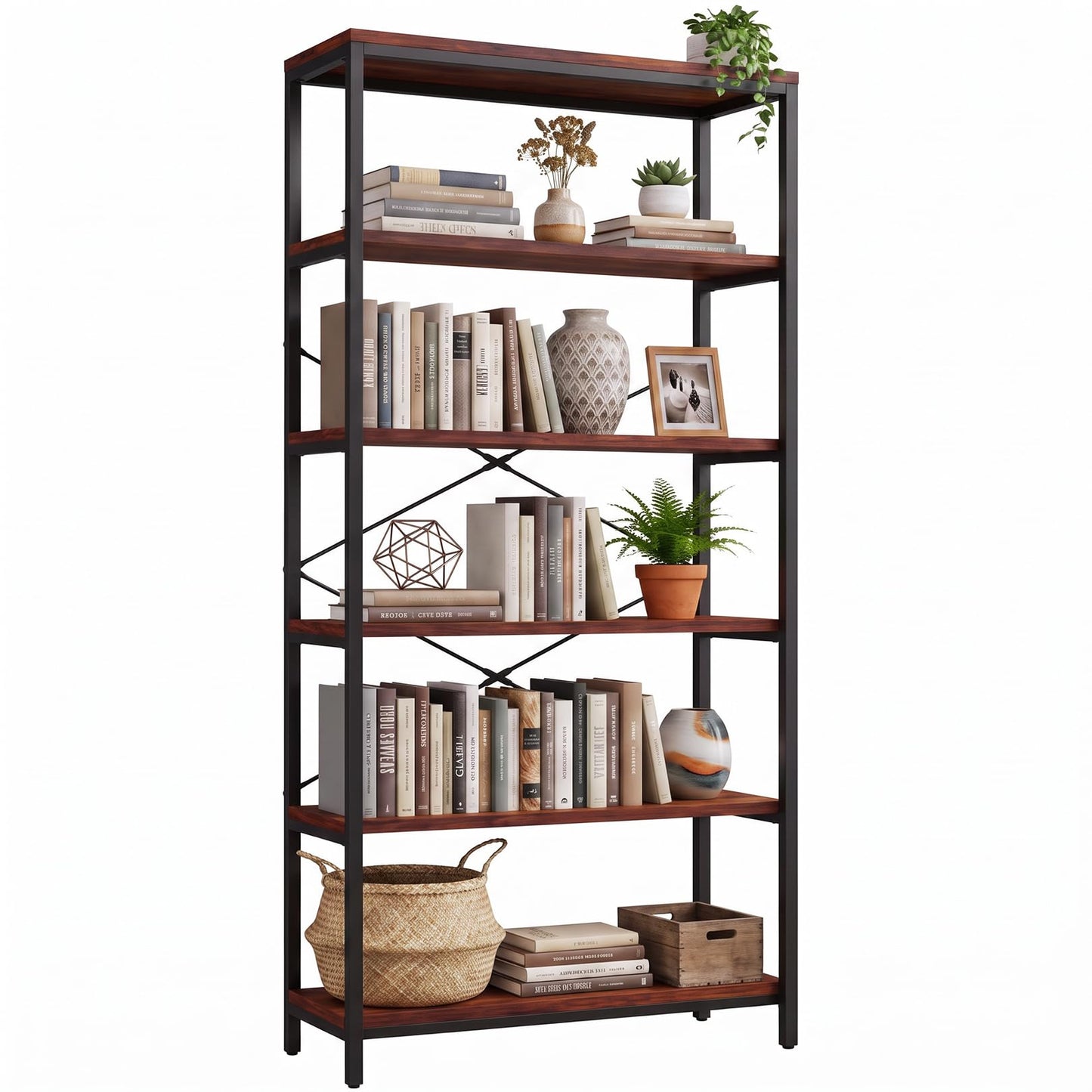 Himimi 5 Tier Industrial Bookshelf, Vintage Standing Storage Shelf, Display Shelving Units, Tall Bookcase