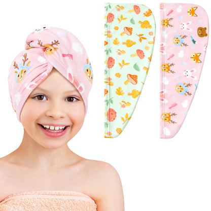 WAWSAM 2 Pack Kids Hair Towel Wrap for Girls, Microfibre Hair Turban Towel Fast Drying, Hair Towel Wrap with Elastic Strap for Long Hair