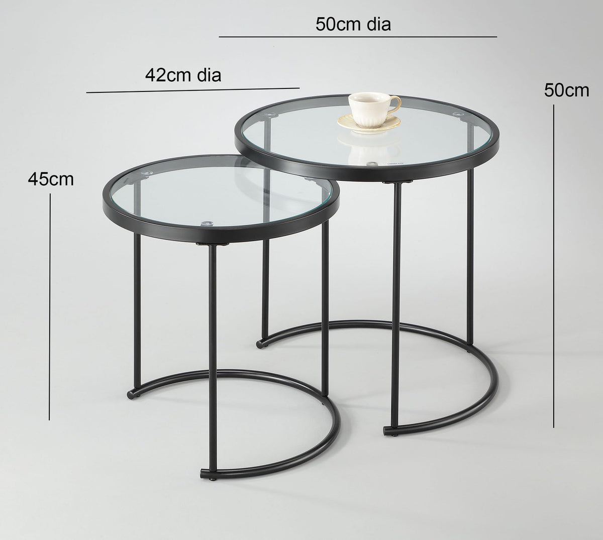 ASPECT Visio Set of 2 Round Nesting Table-Clear Glass Top/Black Frame Clear/Black