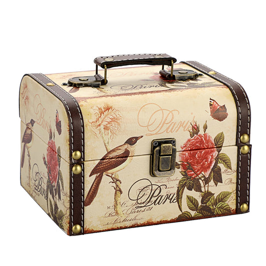 SUMNACON Wooden + PU Leather Storage Box Jewelry Chest, Decorative Trinket Box Keepsakes Chest with Handle, Treasure Box Organizer for Gift (Bird