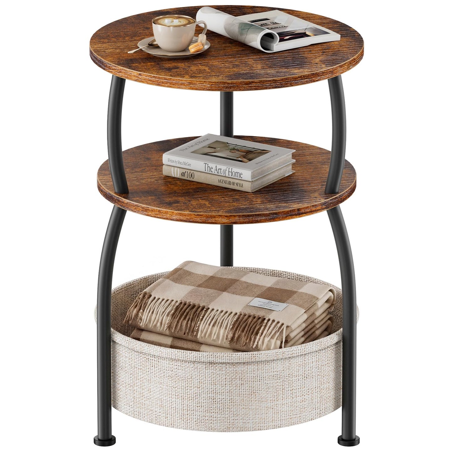Yuede Side Table with Fabric Basket, Round End Table, 3 Tier Bedside Table, Coffee Table for Living Room, Bed Room, Modern, 40 x 61 cm, Brown