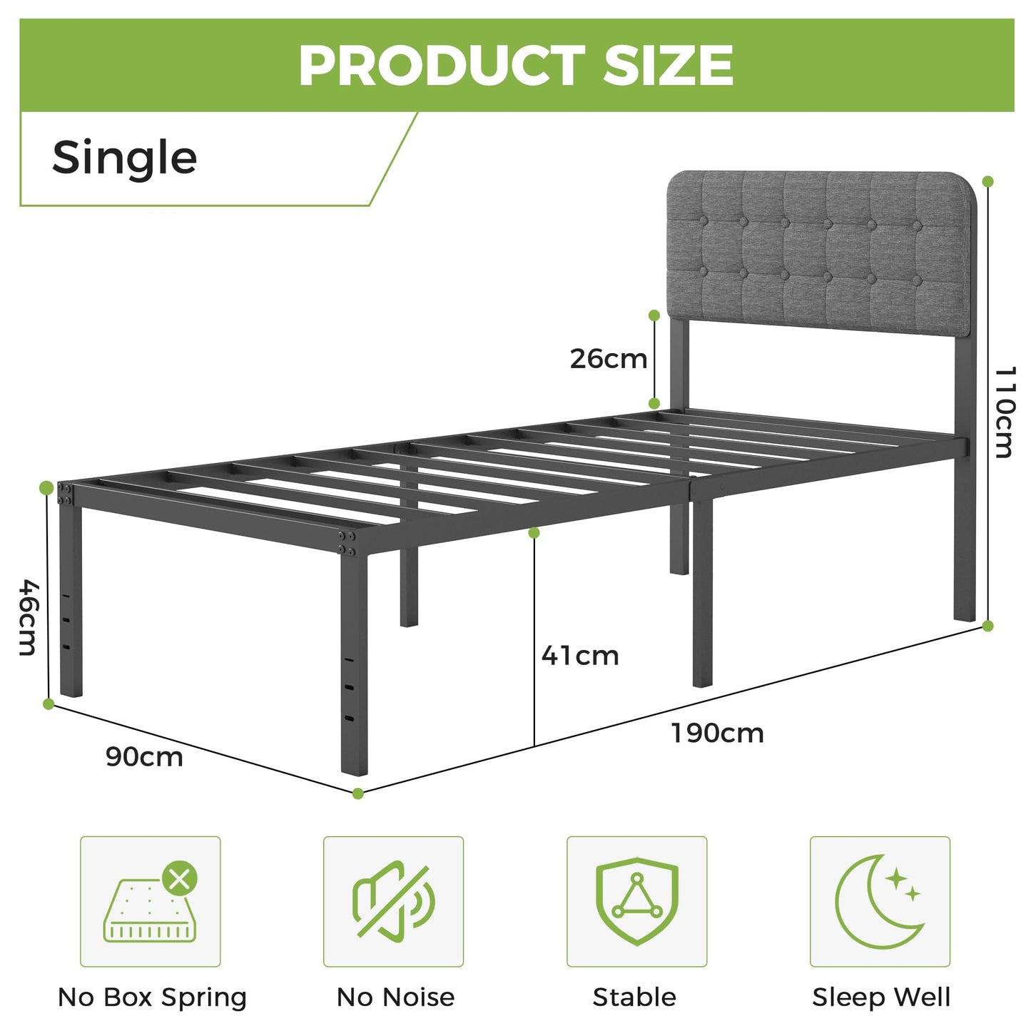 Lutown-Teen Single Bed Frame with Grey Upholstered Headboard