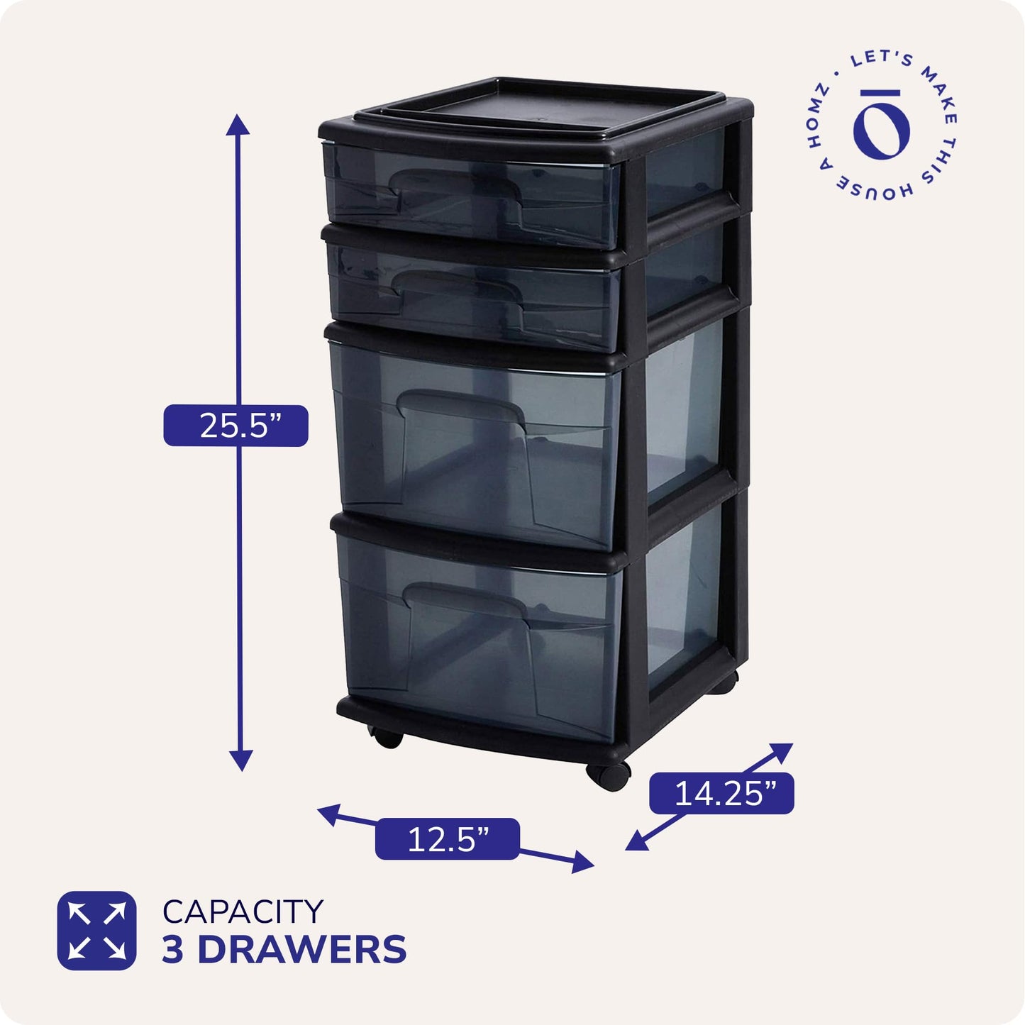 HOMZ Drawer Tower, 4-Tier Clear Plastic Storage Organizer Cart, Black Frame - Rolling Drawer Containers with Wheels for Bathroom, Bedroom, Office