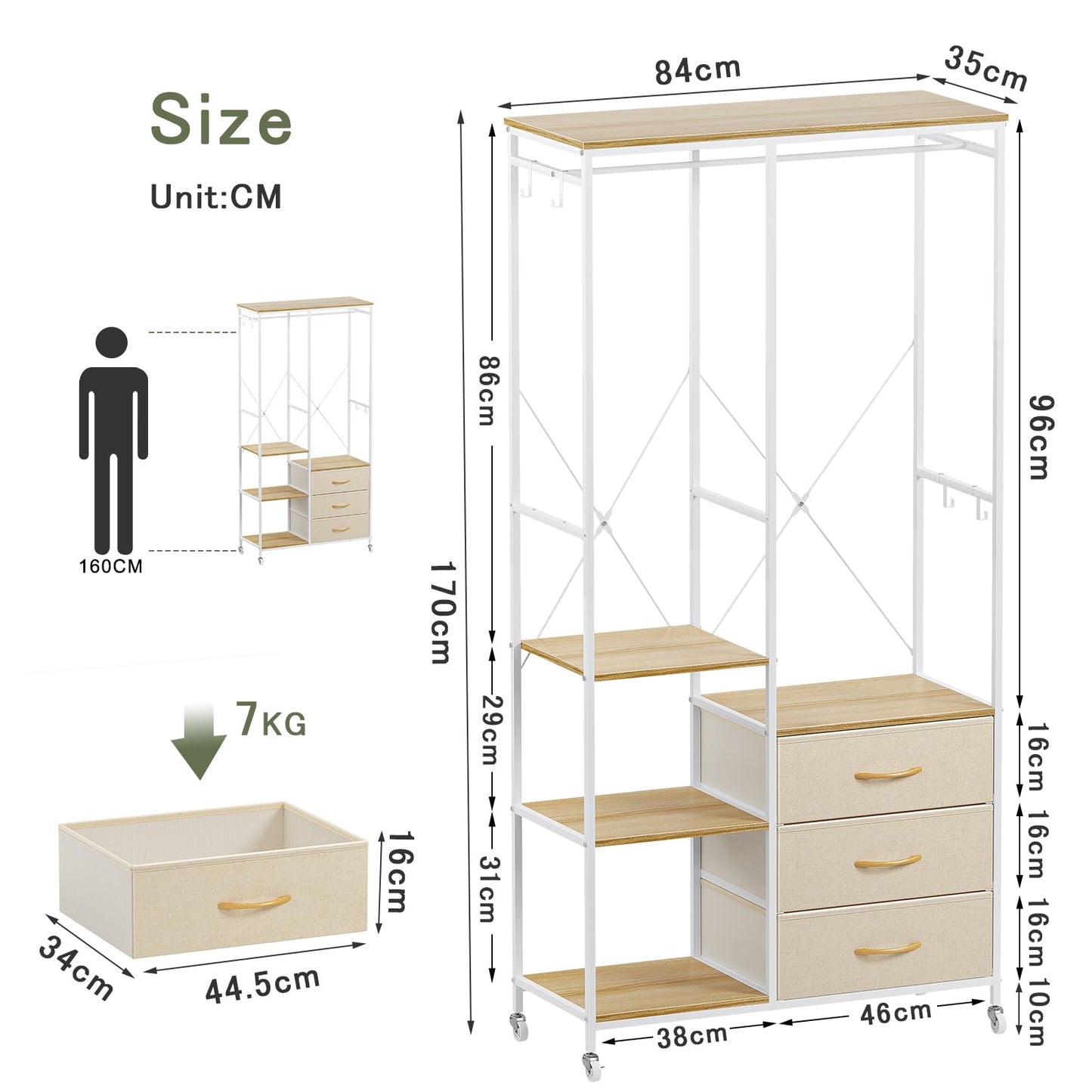 Mintnook Heavy Duty Clothing Rail，Wardrobe with 3 Drawers，Beige