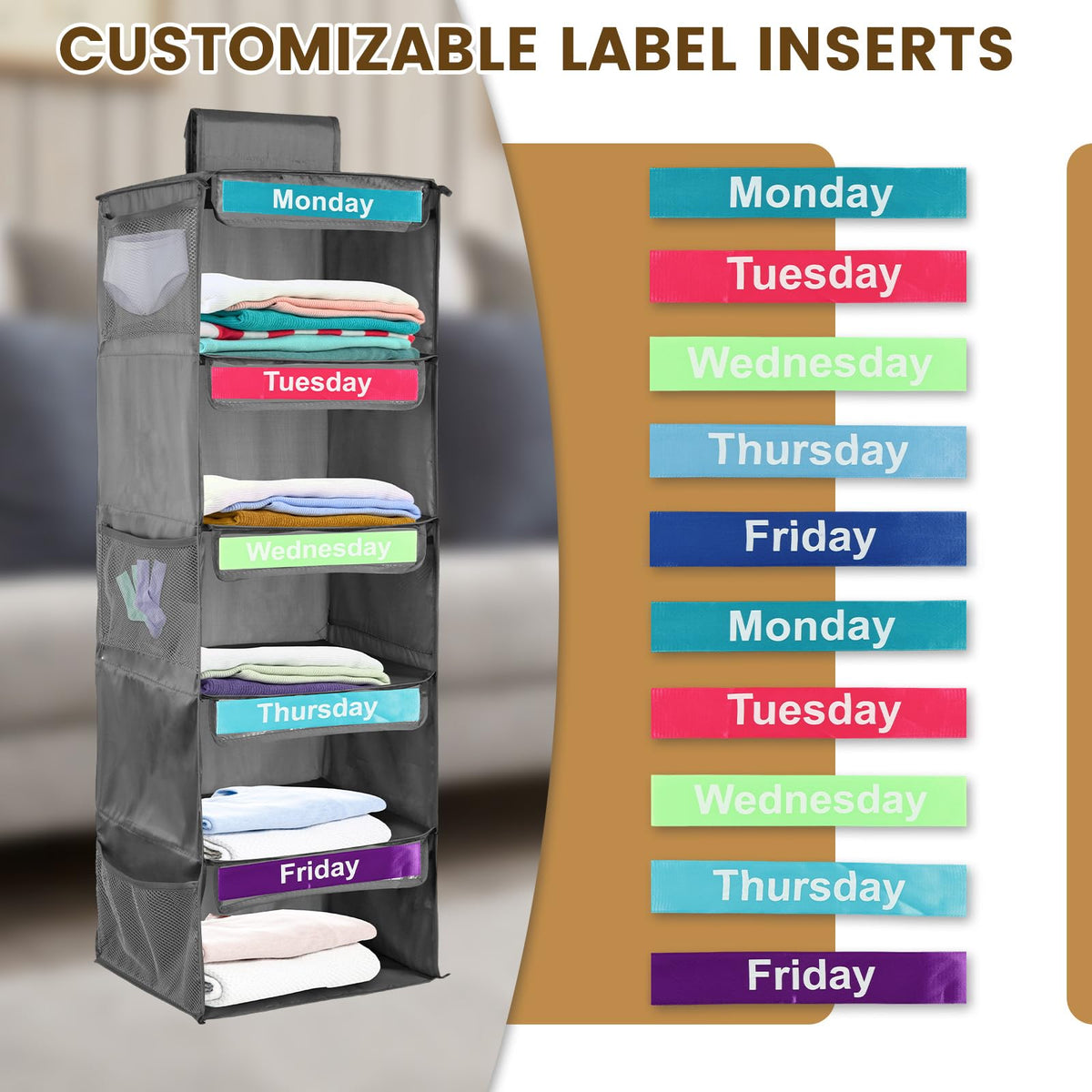 5- Shelf Weekly Clothes Organizer for Kids, Kids Daily Clothes Organiser, Day of Week Clothes Organiser ,Hanging Closet Organizer,Monday Through