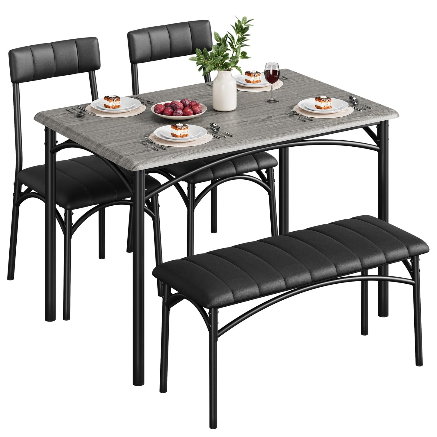 Lidzopas Dining Table Set Upholstered Chairs & Bench, Compact Space-Saving, Industrial Rustic Metal Frame, Sturdy Durable