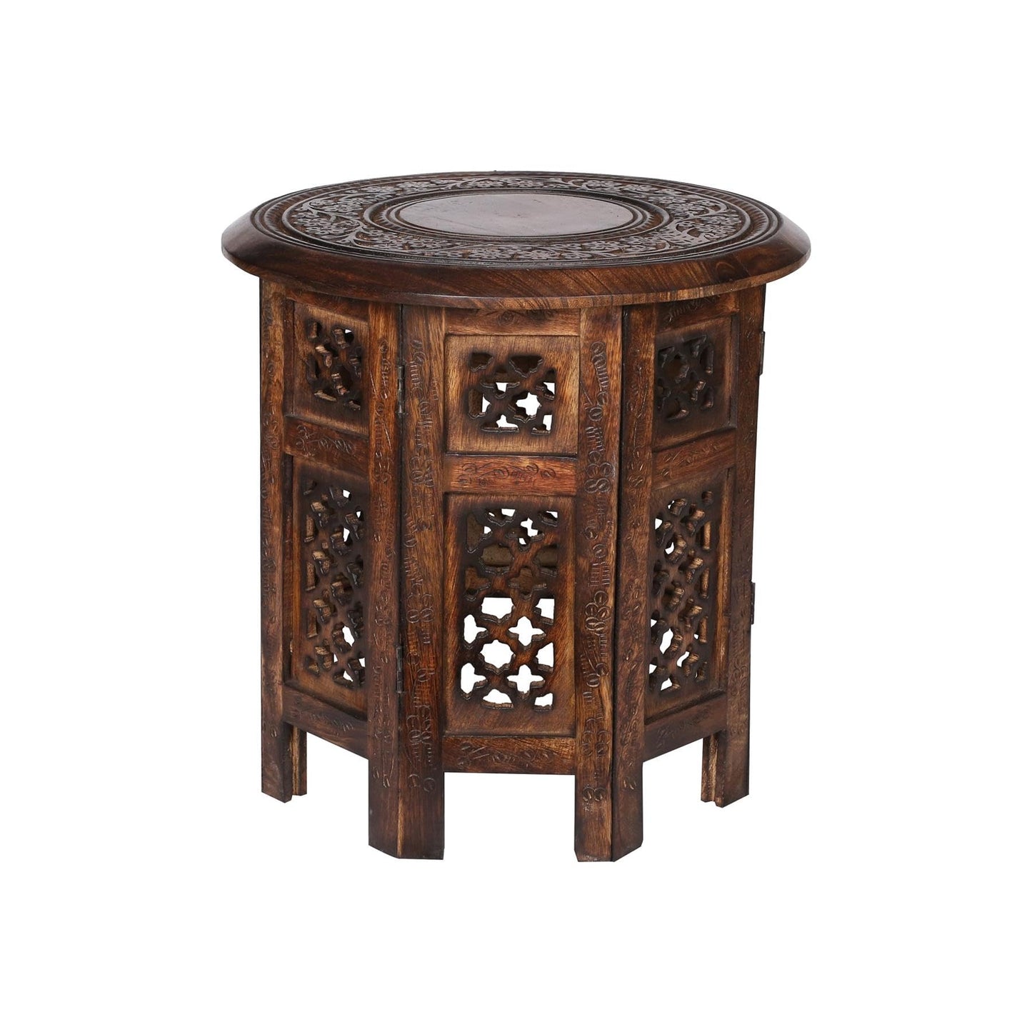 topfurnishing Beautiful Round Hand Carved Indian Wooden Coffee Table [Maghony,Large 18"x18"x18" 45.7cm]