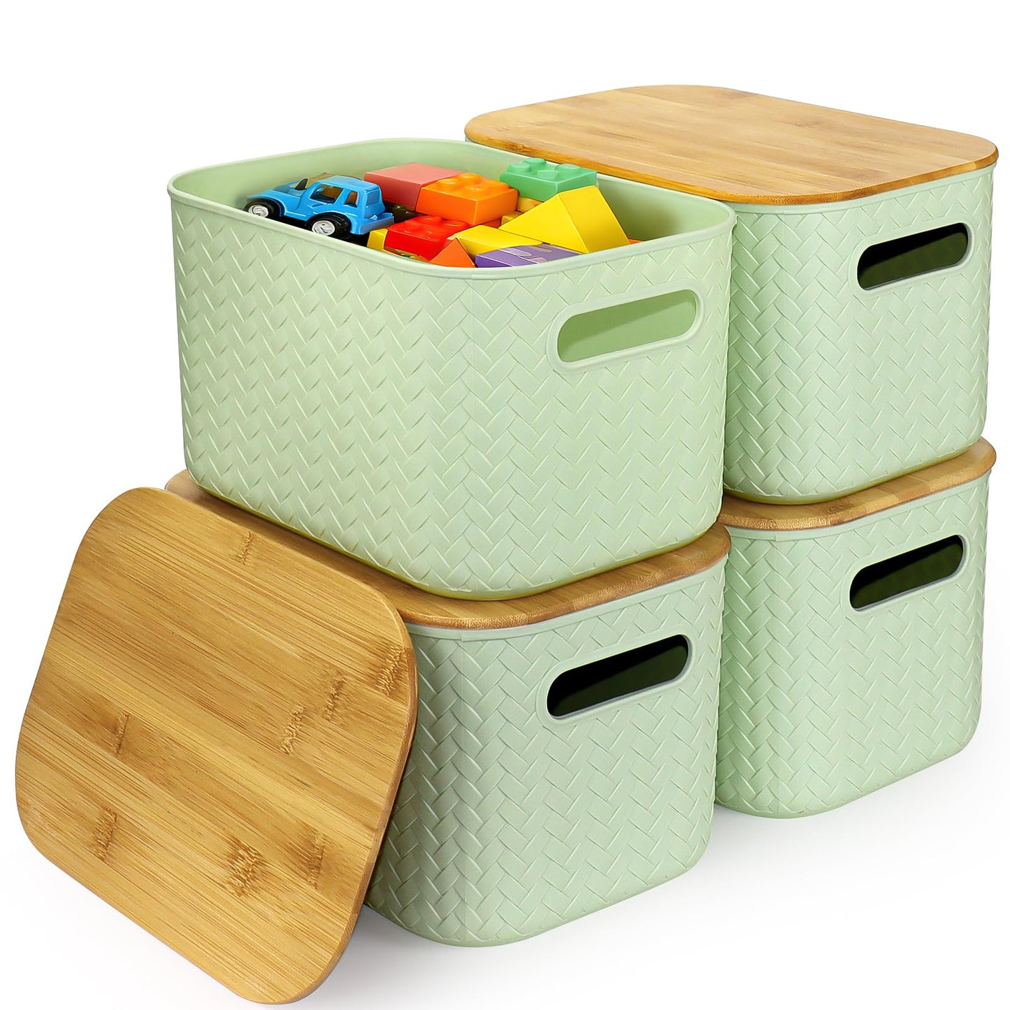 RWFMO 4 Pcs Plastic Green Storage Baskets with Bamboo Lid for Bathroom