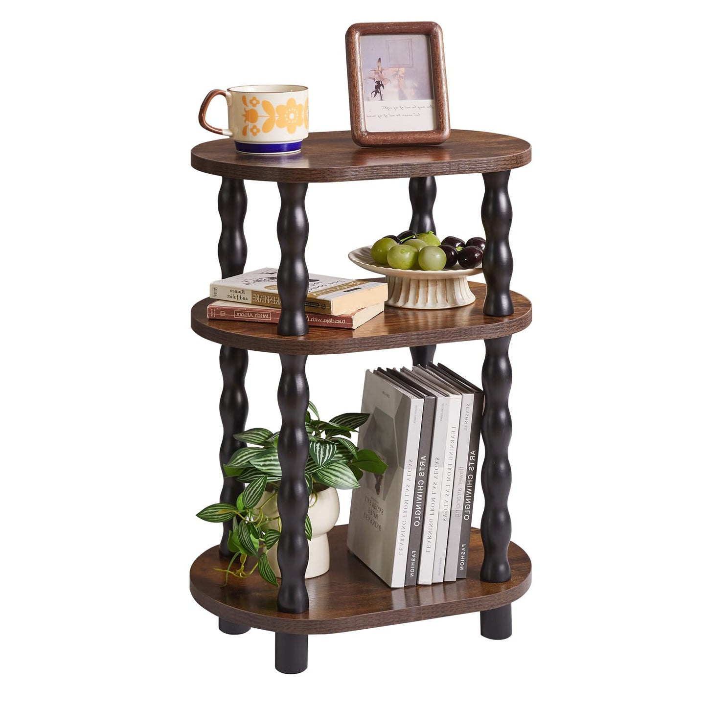 Aibiju Side Table with Solid Wood Legs, 3-Tier Oval End Table with Storage Shelf, Bedside Table Nightstand for Bedroom, Living Room, Hallway