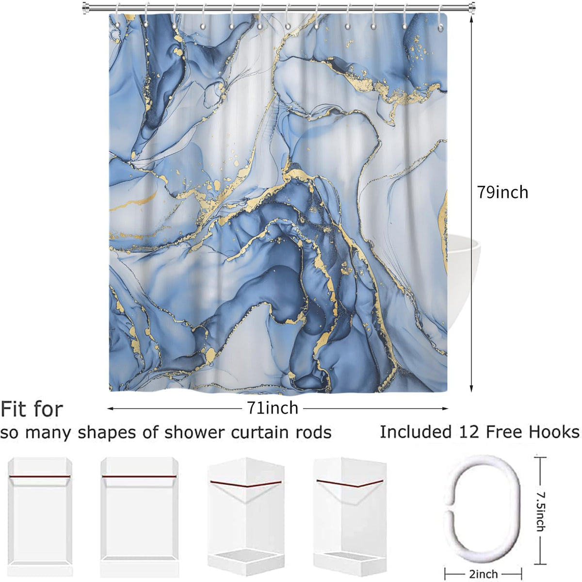 Hnmdmyi Marble Shower Curtain 180x200, Light Blue Gold Abstract Marble Bathroom Curtains Luxury Modern Aesthetic Art Ink Texture Waterproof Polyester