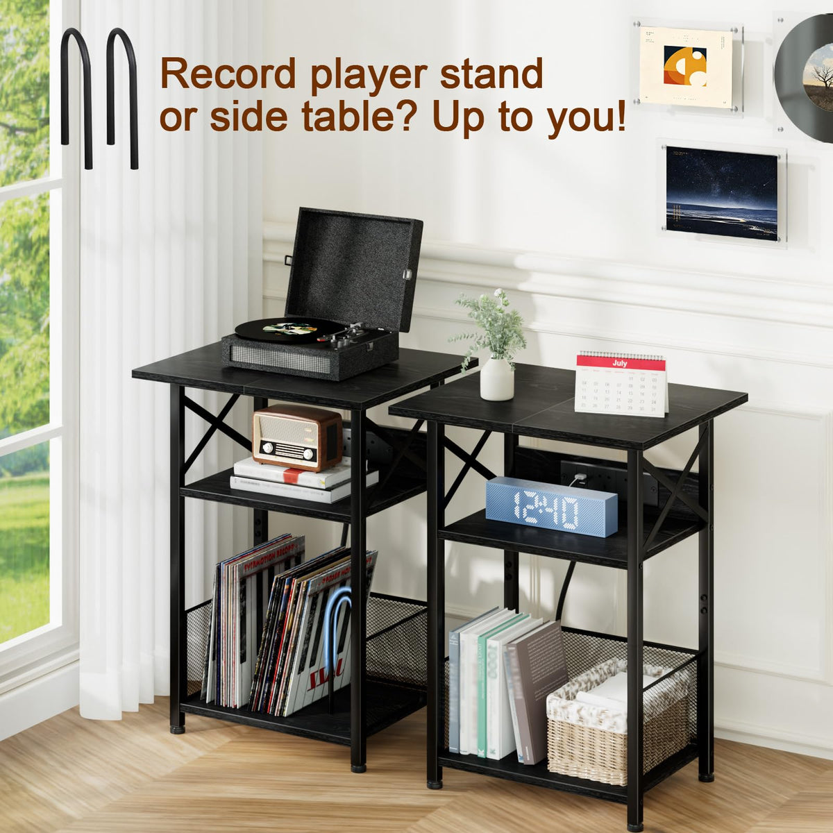 AMHANCIBLE Record Player Stand with Charging Station, Vinyl Record Storage