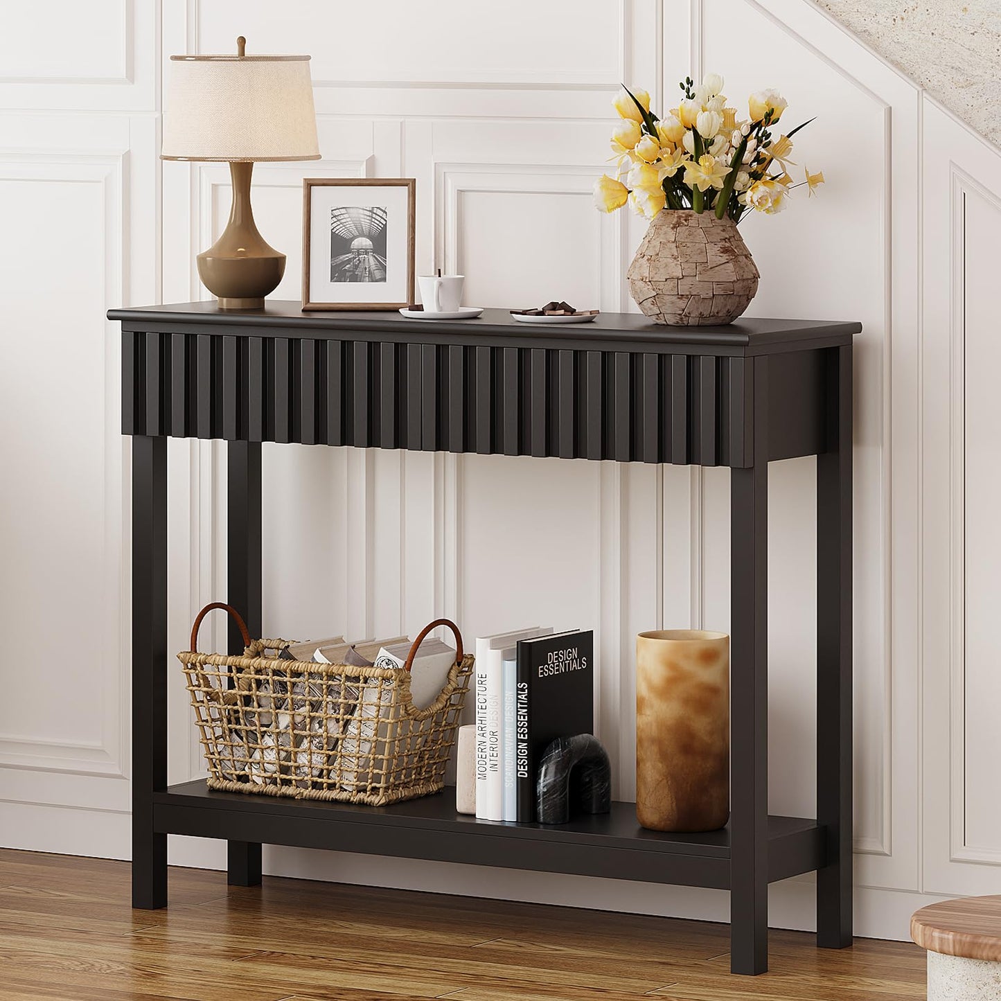 Trironsun Narrow Fluted Console Table with 2 Drawers and Open Shelf Modern Painted Wood Sofa Table for Hallway, Living Room or Behind Couch (Black)