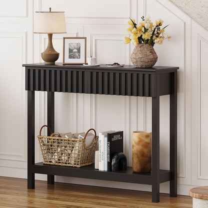Trironsun Narrow Fluted Console Table with 2 Drawers and Open Shelf Modern Painted Wood Sofa Table for Hallway, Living Room or Behind Couch Black