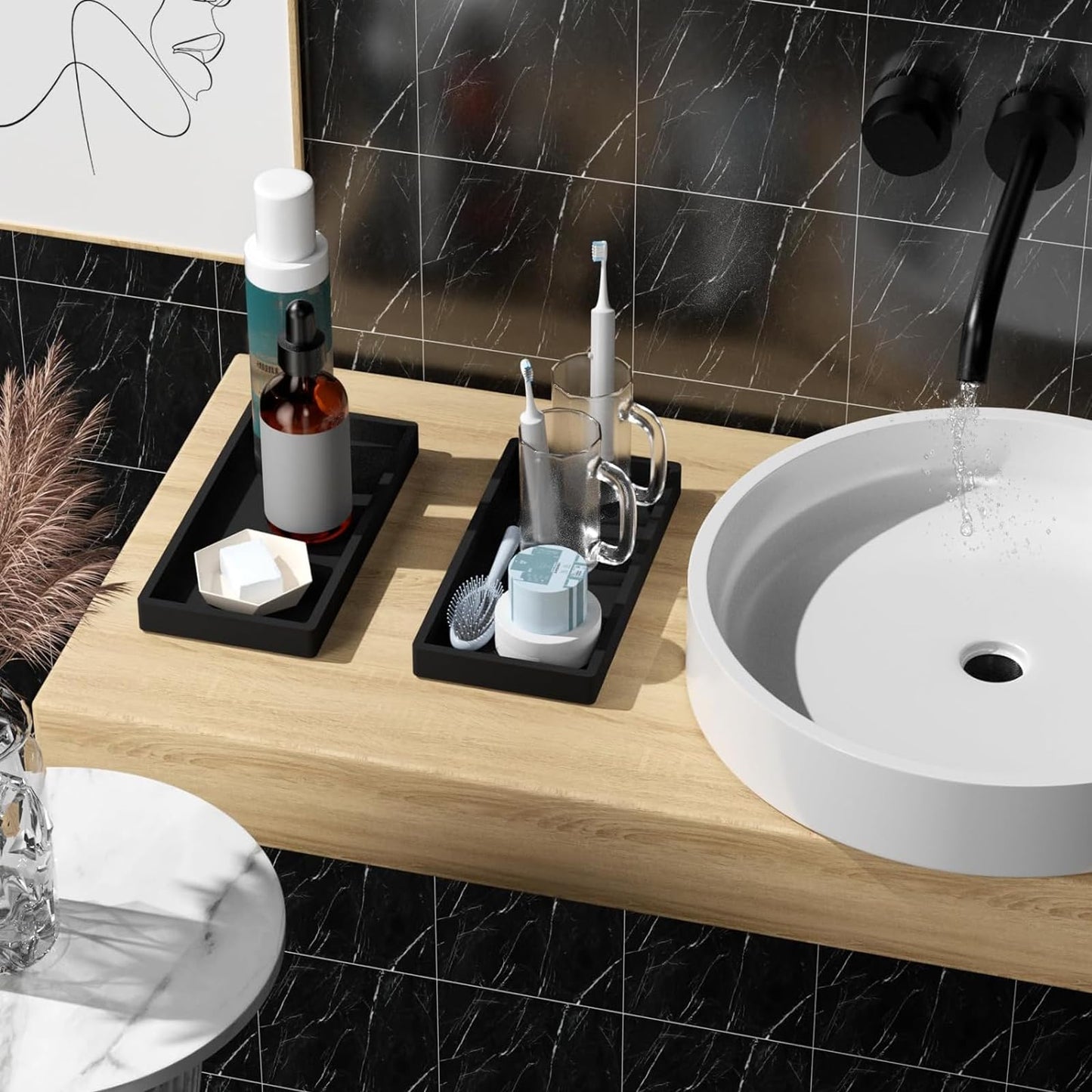 2 Piece Bathroom Tray Black, 20 × 10× 2 cm