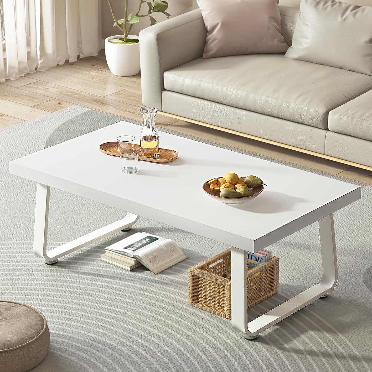 HSH White Oak Coffee Table, 60D×120W×46.5H cm, Rustic Industrial Wooden Coffee Table for Living Room Bedroom Office
