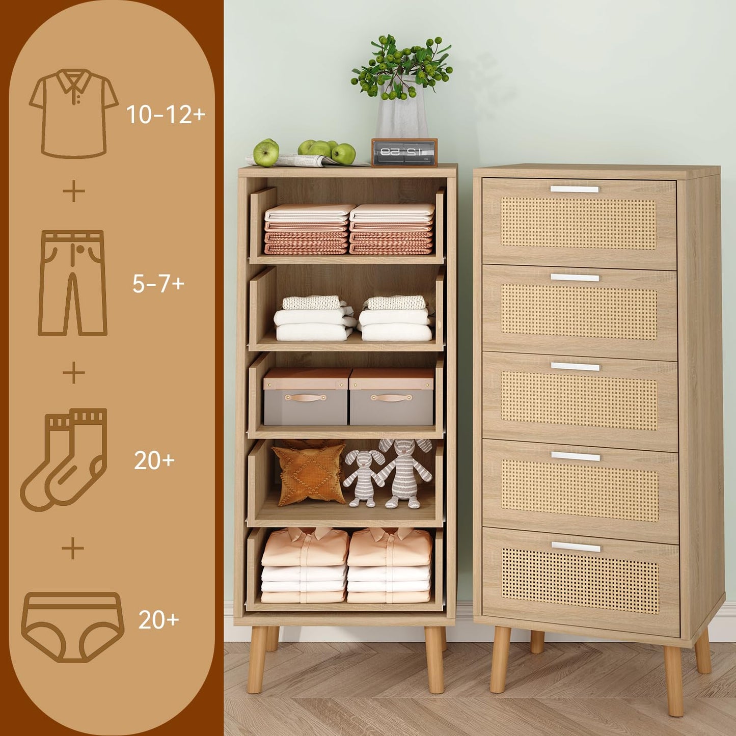 IBUYKE Rattan Chest of Drawers Bedroom with 5 Drawers,Natural WST010N