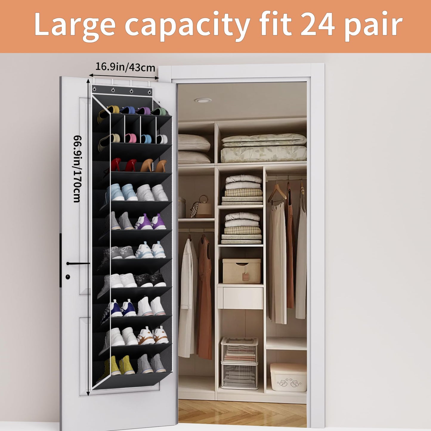 KYEVIS 10 Tier Over Door Shoe Storage Organiser with Deep Pockets, Large Capacity Hanging Storage Rack for Sneakers, Boots