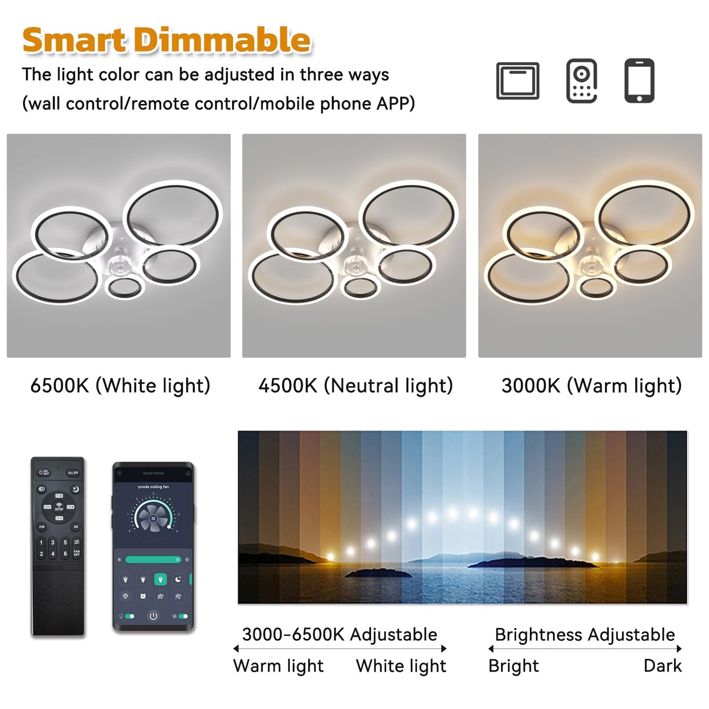 ycwdcz Black Modern Ceiling Fan Silent Circle Ceiling Fans with Lights and Remote DC Motor Reversible Summer Winter Mode for Bedroom Living Room