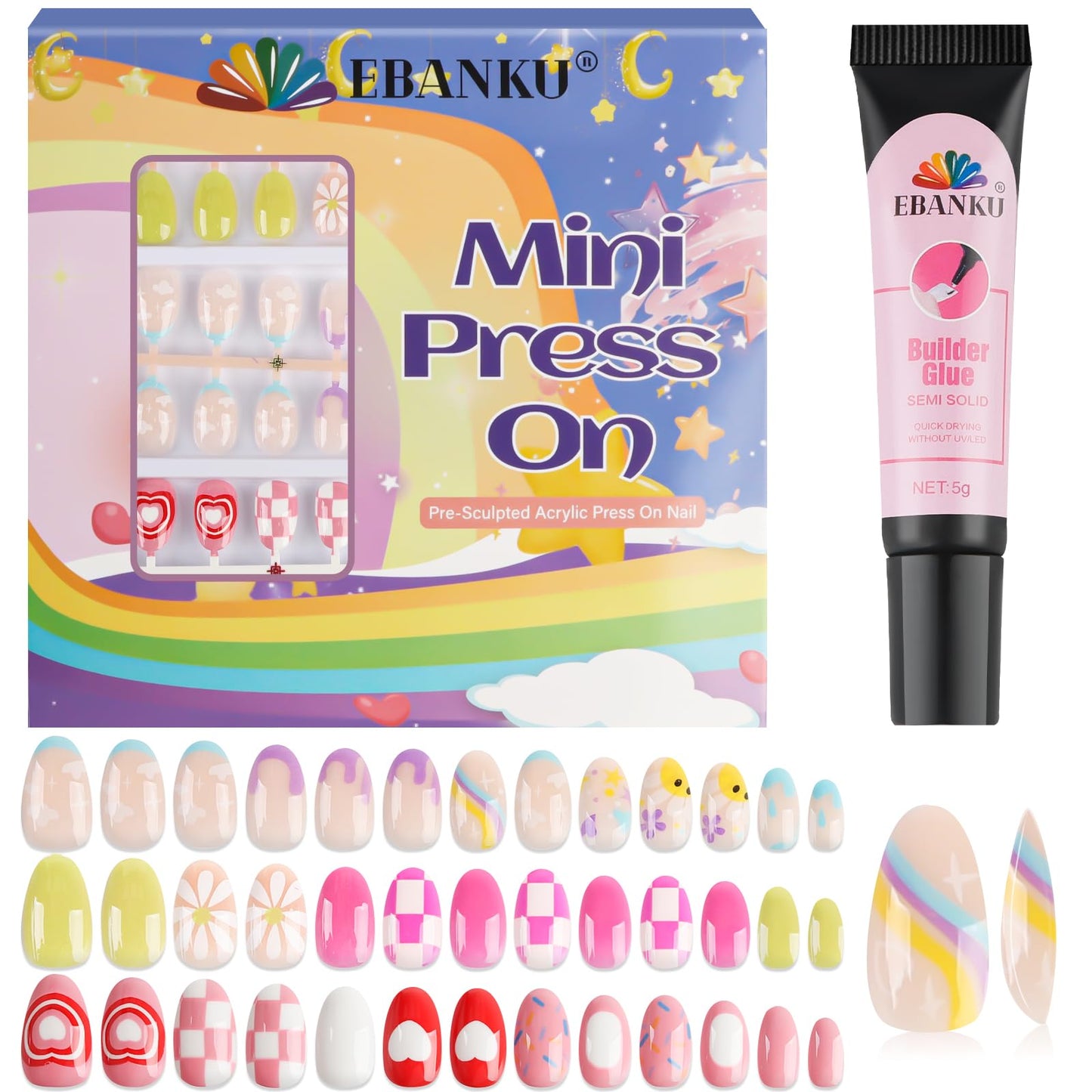 EBANKU 78Pcs 3 Pack Press on Nails kids Children Acrylic Fake Nails Cute Full Cover Flower Short Stick On False Nail Kits Set for Little Girls with