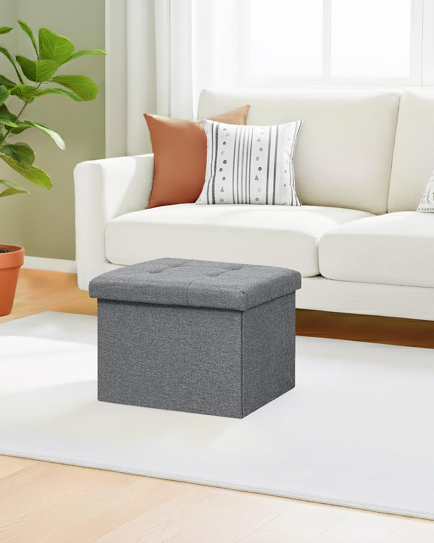 Bonlife Storage Ottoman, Folding Small Foot Rest,Toy Chest Storage Footrest Seat, Footstool for Living Room, Bedroom, Dorm, Fabric,Grey,42x32x32cm