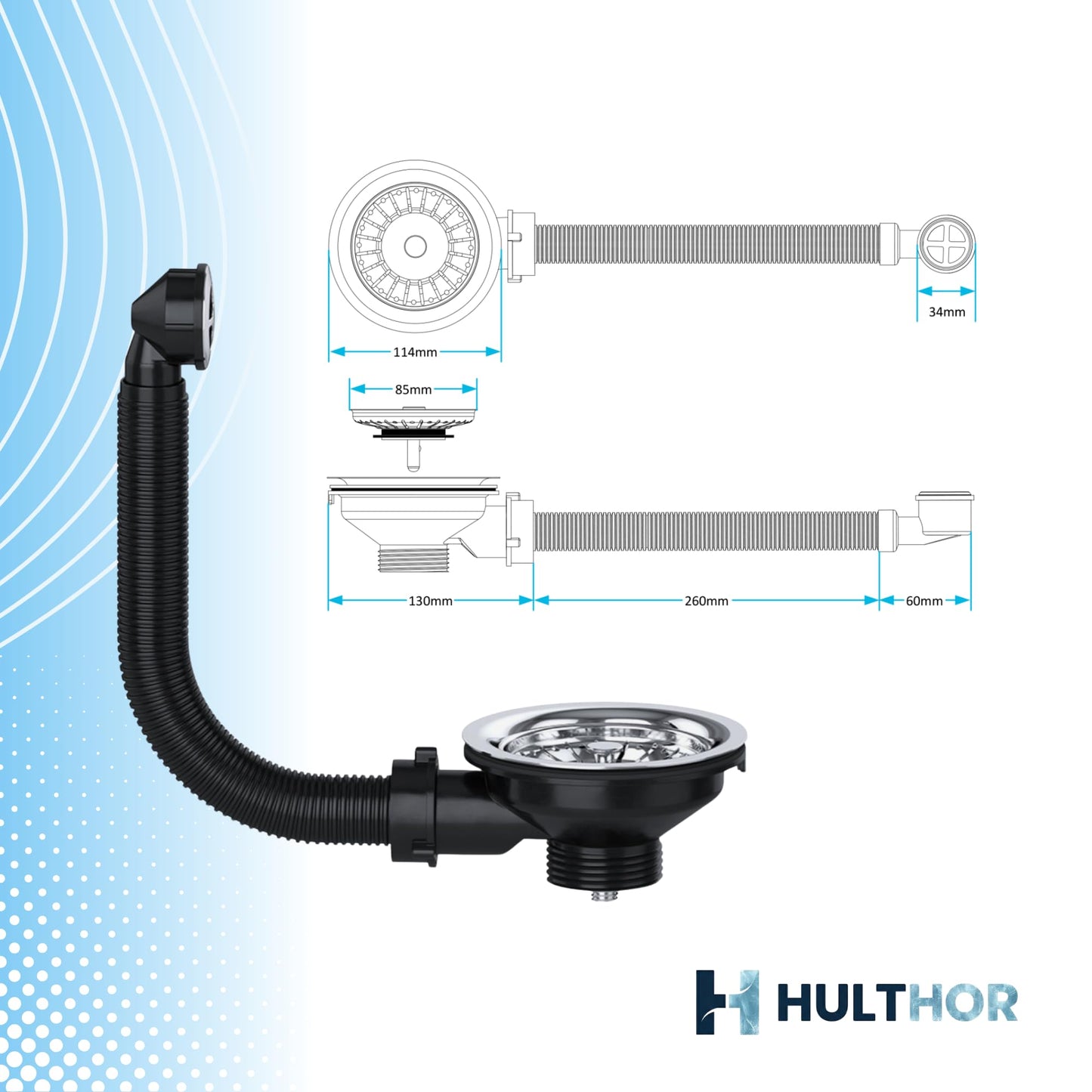Hulthor Kitchen Sink Basket Strainer Waste with Round Overflow Stainless Steel - 40mm Universal Sink Waste Kit with Plug for UK Kitchens, 113mm Flange