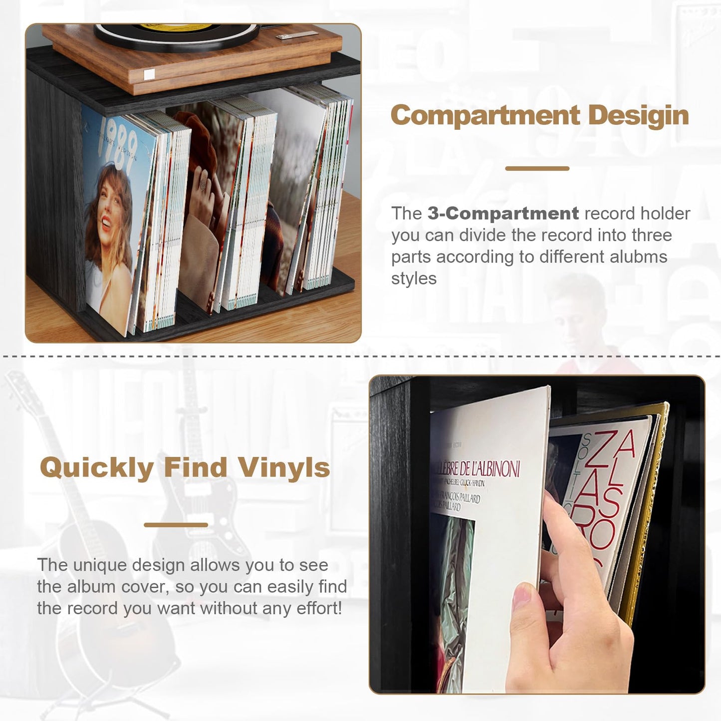 Emfogoo Vinyl Record Storage Wall Mounted Holds 100 LP Albums, 3-Tier Organizer Cabinet with Wall Mount